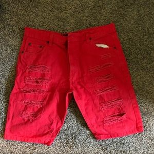 Distressed Red Jean Shorts